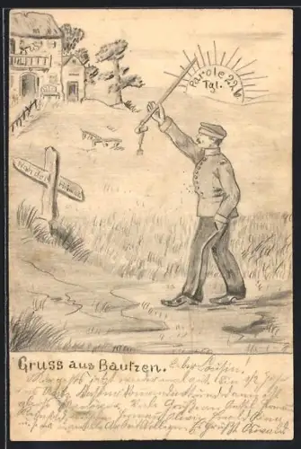 Künstler-AK Handgemalt: Bautzen, Soldat der Parole 226 blickt gen Heimat