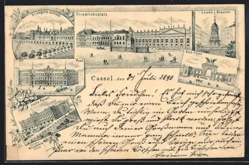 Vorläufer-Lithographie Cassel, 1890, Post, Orangerie-Schloss, Löwen-Brunnen