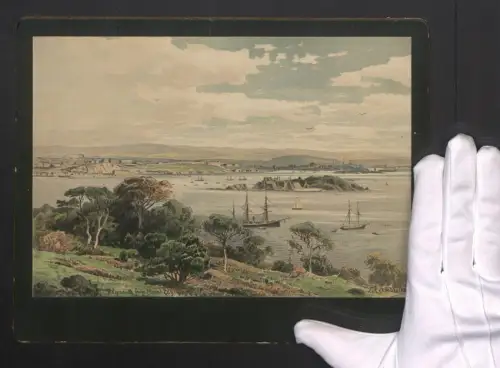 Handzeichnung / Ansichtskarten-Entwurf Themistokles von Eckenbrecher, Plymouth from Mount Edgecumbe