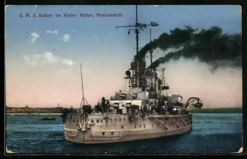 AK Kiel, S.M.S. Kaiser im Kieler Hafen, Heckansicht, Kriegsschiff