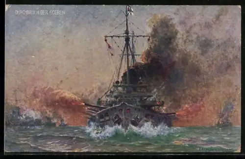 Künstler-AK Krause-Wichmann: Durchbruch der Goeben, Seegefecht mit englischen Kriegsschiffen in Messina