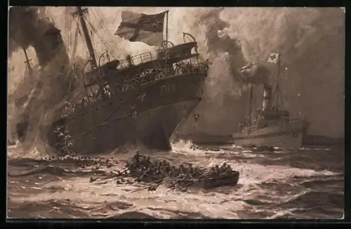 Künstler-AK Alexander Kircher: Deutsches U-Boot vernichtet engl. Truppentransportdampfer