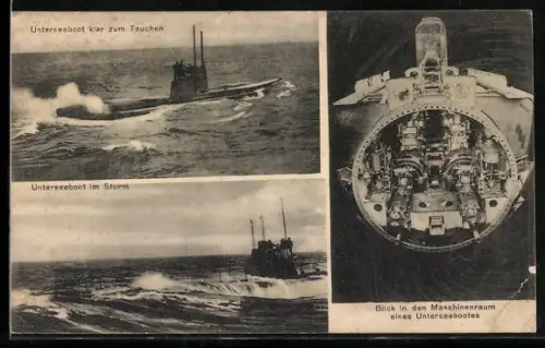 AK Unterseebot im Sturm, Unterseeboot klar zum Tauchen, Blick in den Maschinenraum