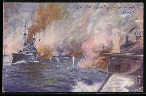 Künstler-AK Seeschlacht bei Coronel 1914, Scharnhorst und Gneisenau, im Hintergrund die brennende Monmouth