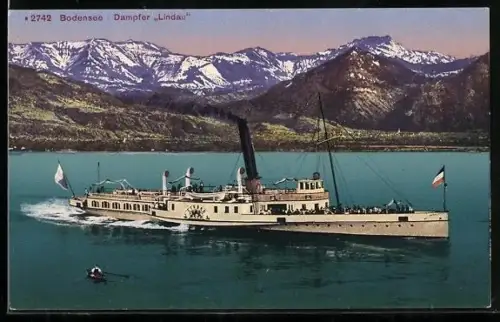 AK Bodensee-Dampfer Lindau in Fahrt vor Gebirgspanorama