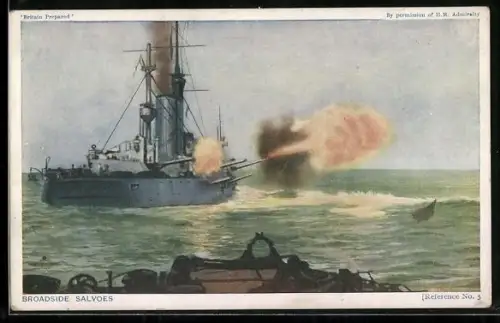 AK Britisches Kriegsschiff feuert Breitseite ab