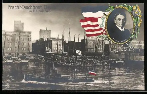 AK Frachttauchboot Deutschland in Baltimore, Portrait Kapitän Paul König, U-Boot