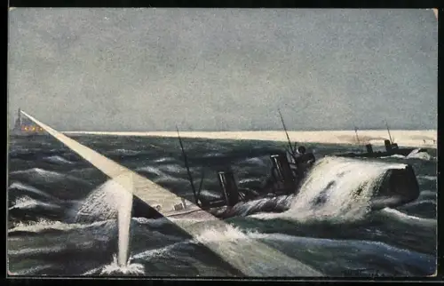 AK Durchbrechende Torpedoboote mit überkommender See, Kriegsschiff