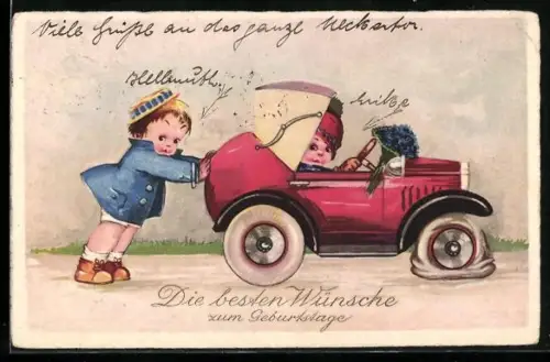 AK Kind schiebt ein Auto mit plattem Reifen, Glückwunsch zum Namenstag