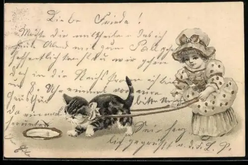 Lithographie Kleines Mädchen hält Katzenkind an einer Leine