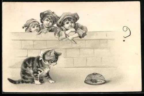 Lithographie Katze beobachtet eine Maus im Käfig, Kinder