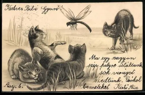 Lithographie Vier Katzen und eine Libelle am Wasser