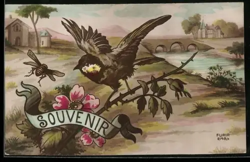 AK Vogel und flüchtende Biene an einem Rosenbusch am Flussufer