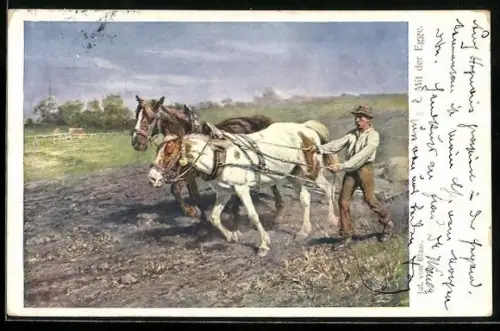 Künstler-AK Jul. von Blas: Mit der Egge, Pferdegespann
