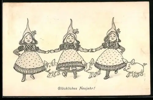 AK Drei Trachtenmädchen mit Glücksschweinen, Neujahrsgruss
