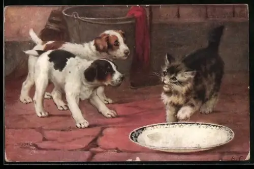 AK Kleine Katze und Hundewelpen in Konkurrenz am Futterteller