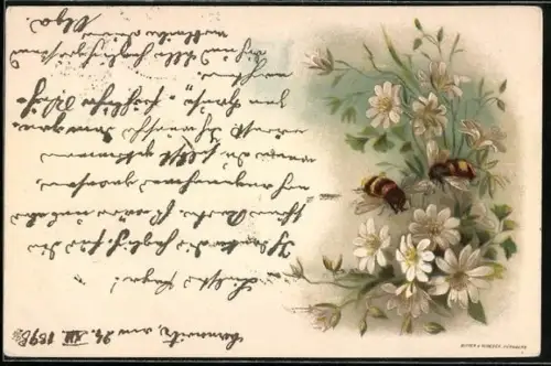 Lithographie Zwei Bienen zwischen Blumen
