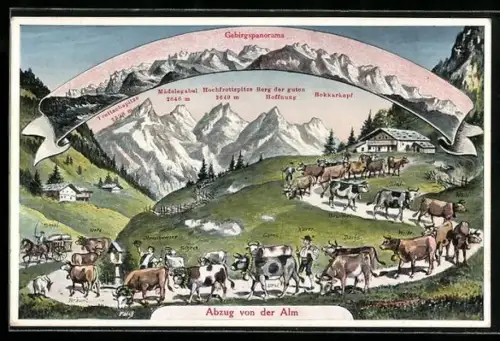 AK Kühe beim Almabtrieb, Gebirgspanorama