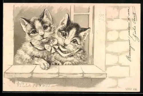 Präge-Lithographie Villa Ponnos, Zwei Katzen blicken aus dem Fenster