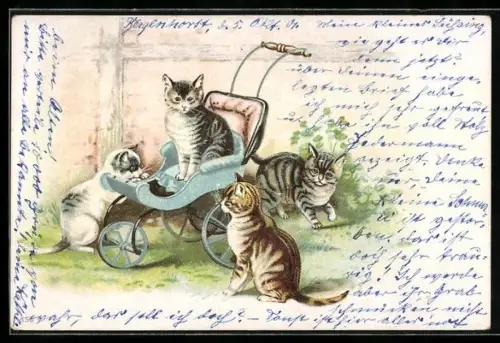 Lithographie Vier Katzen mit einem Kinderwagen im Grünen
