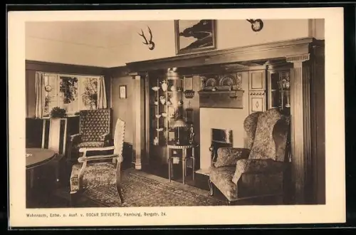 AK Hamburg, Museum für Kunst und Gewerbe, Ausstellung Raumkunst, Wohnraum, Entw. u. Ausf. v. Oscar Sieverts, Bergstr. 24