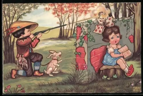 Künstler-AK Margret Boriss: Frau hinter einer Mauer und Mann mit Gewehr