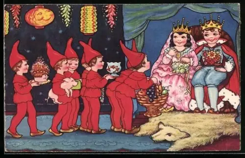 Künstler-AK Margret Boriss unsign.: Schneewittchen, Die sieben Zwerge bringen dem Königspaar Geschenke