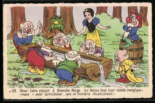 AK Schneewittchen beobachtet die sieben Zwerge bei der morgendlichen Wäsche, Comic von Walt Disney