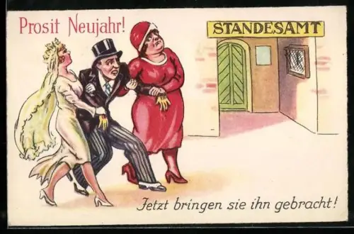 AK Braut und ihre Mutter zerren den Bräutigam auf das Standesamt