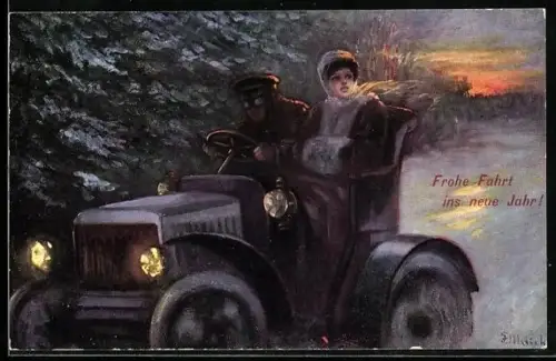 Künstler-AK R. Ulreich: Paar fährt in der Dämmerung auf einer Landstrasse Auto