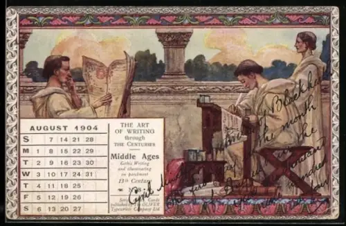 AK Middle Age, Gothic Writing, 13th Century, The Art of writing through the centuries, Mönch mit Zeitung, Kalender 1904