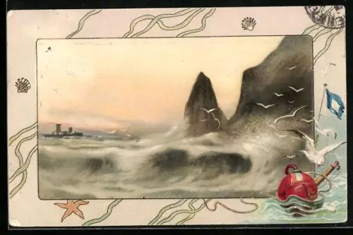 Lithographie Dampfer und Felsen am Ufer, Boje, Passepartout