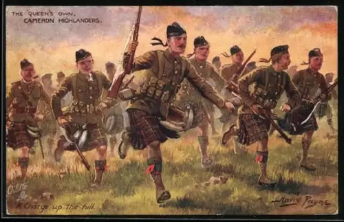 Künstler-AK Harry Payne: The Queen`s own Cameron Highlanders, A Charge up the hill