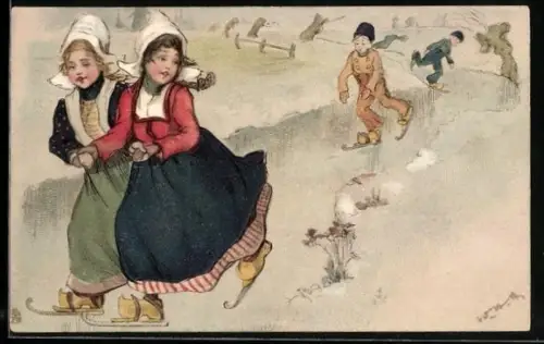 Künstler-AK Schlittschuh, Mädchenpaar und Jungen beim Schlittschuhfahren auf einem holländischen Kanal