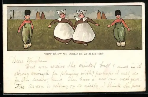 Lithographie Zwei Mädchen und zwei Knaben in Tracht vor einem Hafen, Holland