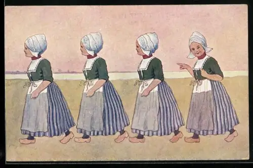 Künstler-AK Brüder Kohn (B.K.W.I) Nr. 648-9: Mädchen mit Holzschuhen, Die Letzte zeigt mit dem Finger auf die anderen