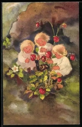 Künstler-AK Milli Weber unsign.: Blonde Kinder beim Erdbeerpflücken mit einer Schnecke