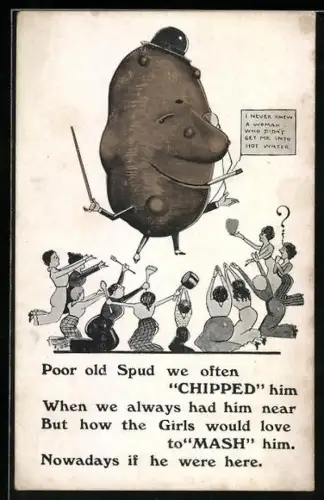 AK Poor old Spud we often chipped him..., Scherz, Frauen beten Kartoffelmännlein an