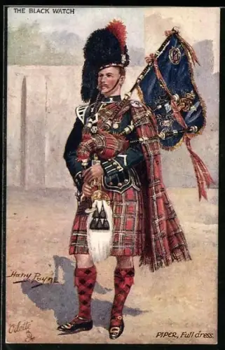 Künstler-AK Harry Payne: Dudelsackspieler der schwarzen Wache in voller Montur