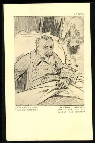 Künstler-AK Louis Raemaekers: Kaiser Wilhelm II. in seinem Bett, I was just dreaming it had not happened
