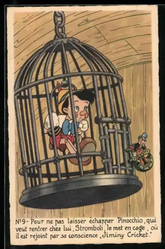 AK Pinocchio sitzt gefangen in einem Vogelkäfug