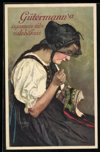 Künstler-AK Curt Liebich: Reklame für Gütermann's Nähseide, Frau bestickt ein Tuch, Schwarzwälder Tracht