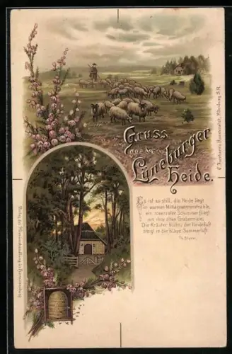 Lithographie Lüneburger Heide - Es ist so still, die Heide liegt..., Schäfer und Bienenkorb, Imkerei
