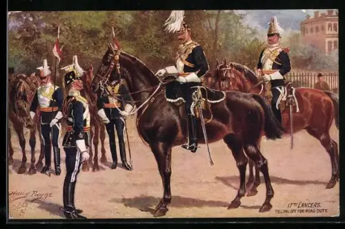 Künstler-AK Harry Payne: 17th Lancers, Telling off fort Road Duty, britische Ulanen