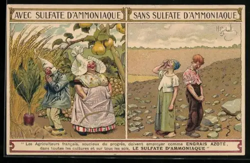 AK Bauernpaar und Ernteergebnisse mit und ohne Dünger, Reklame Sulfate D`Ammoniaque, Reklame