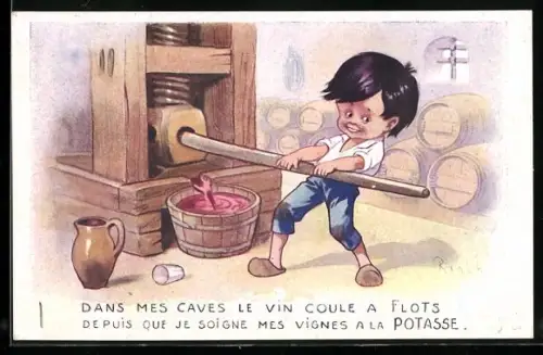 Künstler-AK Right: Kleiner Junge bei der Weinherstellung