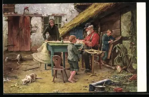 Künstler-AK Der Netzflicker mit seiner Familie bei der Arbeit