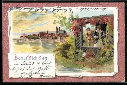 AK Behüt Dich Gott!, Jäger und Frau mit Trompete, Ortspartie