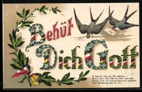 AK Schwalben mit Brief, Deutschland / Österreich - Behüt Dich Gott, mit Blumen verziert