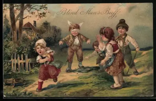 AK Kinder spielen Blindekuh, Mädchen mit Puppe reisst aus